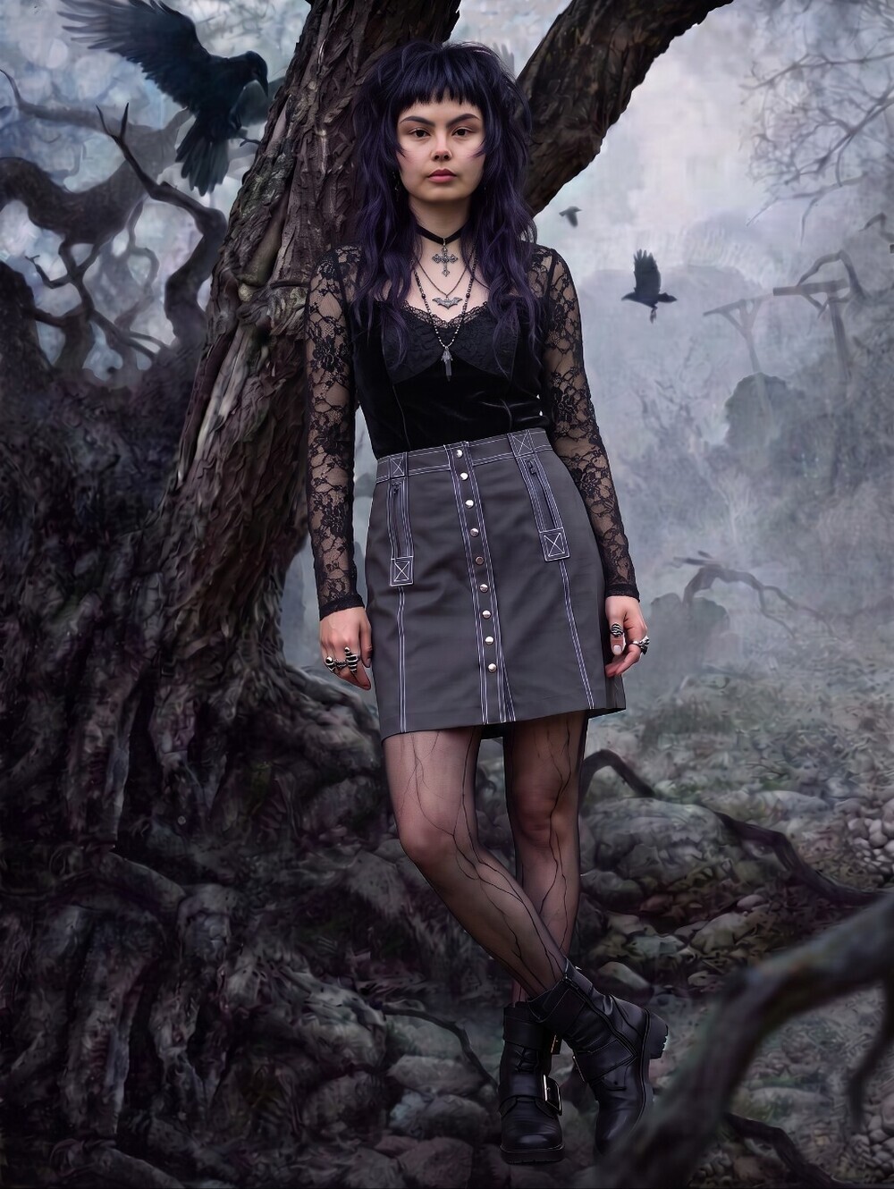 Y2K Gothic Punk Whimsigoth Black Skirt White Contrast Stitching, 4 (Petite)